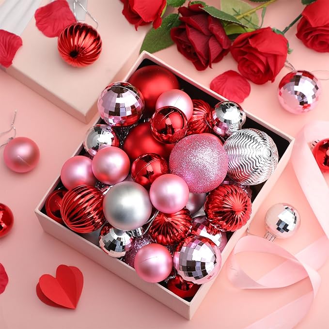 64 Pcs Christmas Ball Ornaments Pink Red and Silver Christmas Ornaments Glitter Valentine's Day Ball Ornament Assorted Size Xmas Ornament Valentines Decoration for Tree Home, 1.6/1.97/2.4 Inch