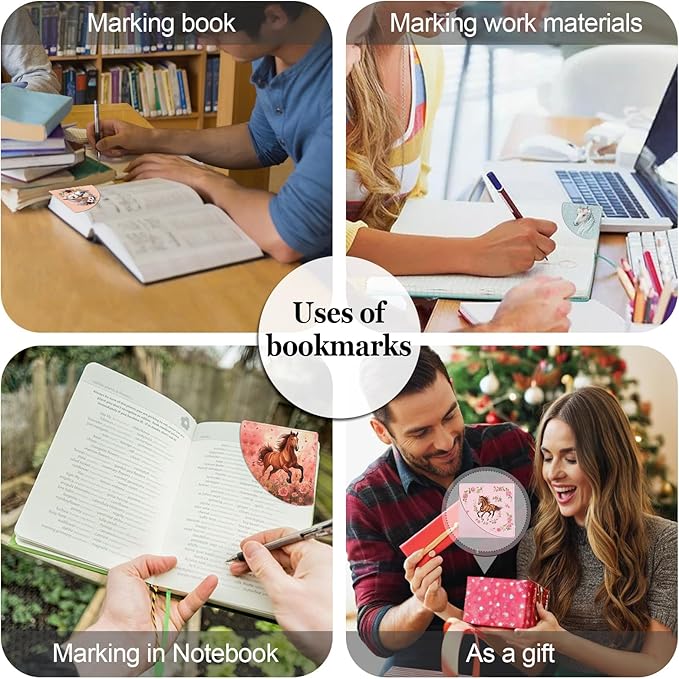 Horse Corner Bookmarks Kids 4 Pcs, Watercolor Flower Leather Book Accessories for Book Lovers, Cute Animal Reading Book Page Markers for Women Men Girls Boys School Student Teacher