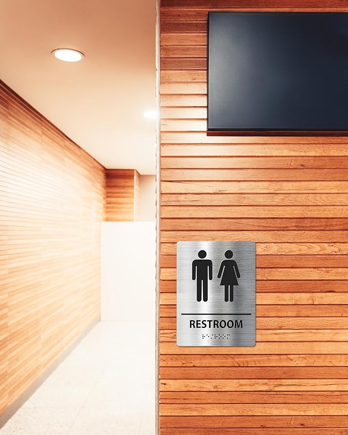 ADA-Mark Modern Restroom Sign for Business - ADA Compliant Braille Bathroom Sign with Easy Installation - 6" W x 8" H