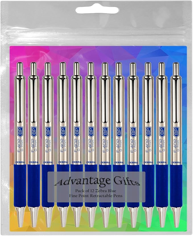 Zebra F-402 Ballpoint Stainless Steel Retractable Pen, Fine Point, 0.7mm, Blue Ink, 12-Count Bundle with Plastic Reusable Pouch
