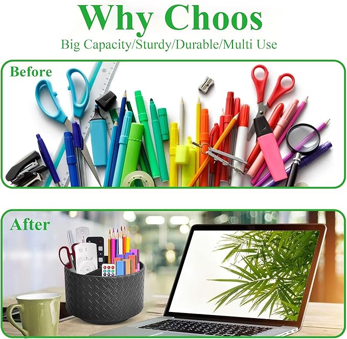 Hennaja Round Leather Art Supply Organizer,Remote Control Holder,360 Degree Spinning,Multi-Functional Pencil Holder,4 Compartments Desktop Stationary Organizer(1-Weave Black)