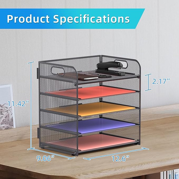 Supeasy 5 Trays Paper Organizer Letter Tray with Handle-Mesh Desk File Organizer, Grey Paper Sorter Desk Organizer for Office, Home or School