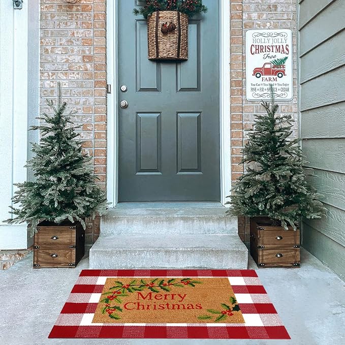 Christmas Red and White Plaid Rug, 28 x 43 Inches Cotton Hand-Woven Layered Door Mat for Front Porch, Entryway, Outdoor Holiday Decor, Washable Buffalo Check Rug for Home, Patio, Kitchen