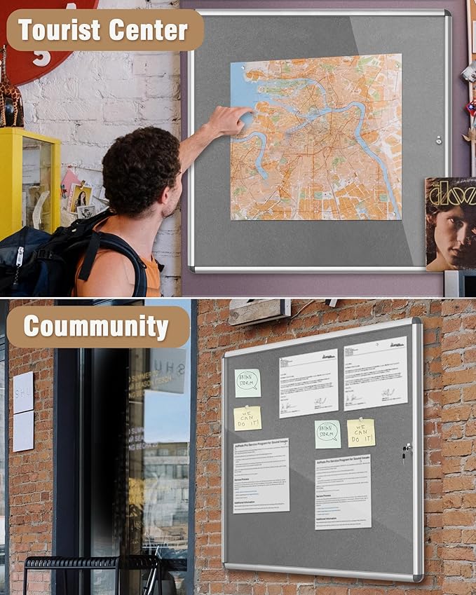 38"x38" Enclosed Bulletin Board, Lockable Weather-Resistant Aluminum Cork Noticeboard for School & Office, Silver Frame w/Grey Flet