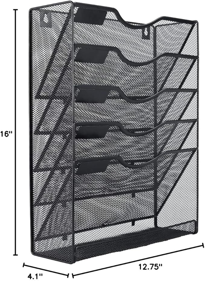 EasyPAG 5-Tier Wall File Holder, Mesh Hanging Folder Organizer with Classify Label, Versatile Desk File Organizer for Office Home, Space-Saving Vertical Wall Mounted Mail Paper Sorter, Black