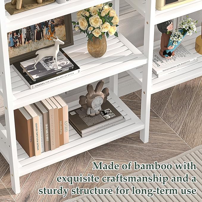 Homykic Double Wide Bamboo Bookshelf White, 6-Tier Large Open Bookcase with 12 Display Shelves, 6ft Tall Freestanding Book Shelf for Home Office, Bedroom, Living Room, Plants
