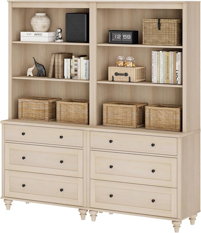 WAMPAT 3 Tier Bookshelf with 3 Drawers, 72" Tall Bookcase Large Farmhouse Display Book Case Shelf with 3-Tier Open Book Shelfs,Library Wood Bookshelves for Living Room,Kitchen, Light Oak(2PCS)