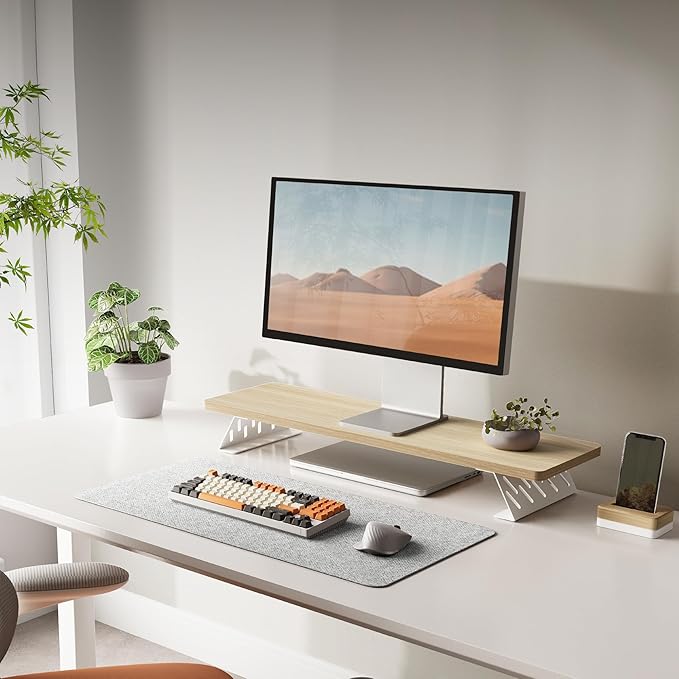 Fenge Monitor Stand Riser, Desk Top Shelf for 2 Monitors, Computer Stands for Desk, Wood & Steel Desktop Riser for Laptop, PC, Printer