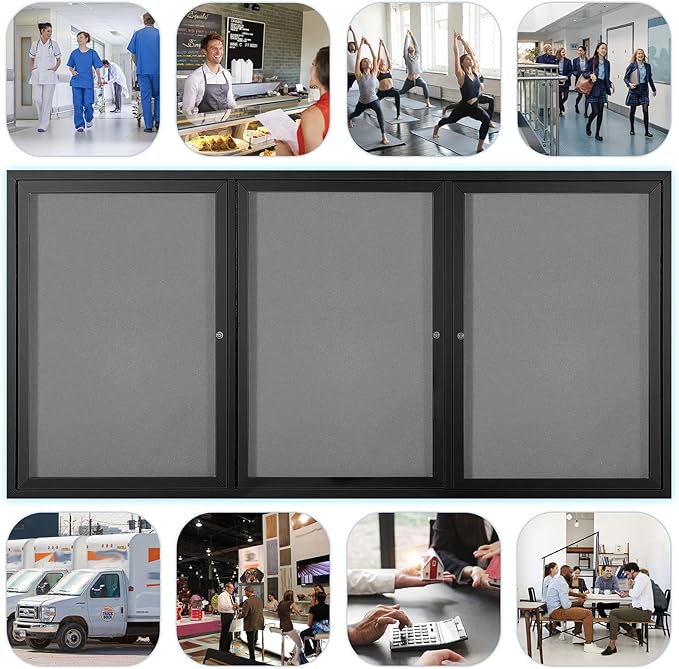Enclosed Bulletin Board Outdoor Noticeboard with Locking Door, Weather-Resistant, Grey Felt, Black Aluminum Frame, 70 x 36 in