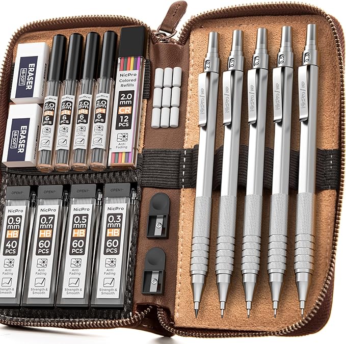 Nicpro 20PCS Metal Mechanical Pencil Set in Leather Case, Art Drafting Pencil 0.3, 0.5, 0.7, 0.9 mm & 2mm Lead Holders, 9 Tube (4B 2B HB 2H Colors) Lead Refills, Erasers For Sketching Drawing