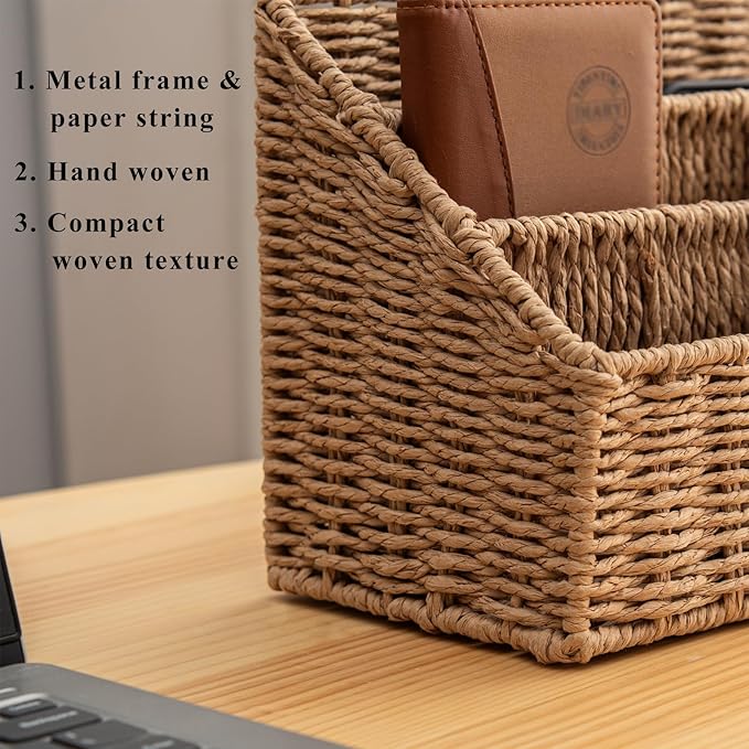 Woven Divided Storage Basket Desk Organizer Tabletop Mail Holder Countertop Paper Woven Basket Home Office Supplies (4 Compartments)