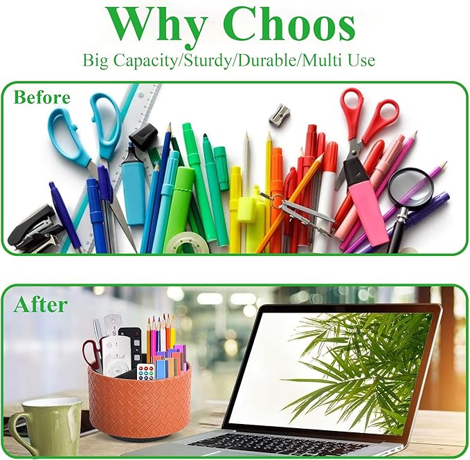 Hennaja Round Leather Art Supply Organizer,Remote Control Holder,360 Degree Spinning,Multi-Functional Pencil Holder,4 Compartments Desktop Stationary Organizer(1-Weave Brown)