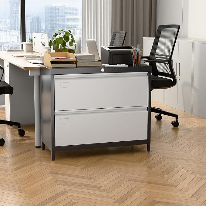 SUXXAN Metal 2 Drawer Lateral File Cabinet with Lock & Adjustable Feet - Wide Filing Cabinet for Letter/Legal/F4/A4 Hanging Files - Includes Business Card Holder,Home Office School Storage,Black/Grey