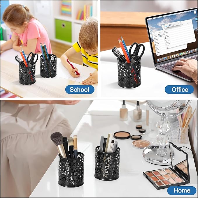 EasyPAG 2-Pack Round Carved Hollow Pen Holder with Non-Slip Base, 3.75" Vibrant Desk Organizer for Office/Home/Makeup, Black