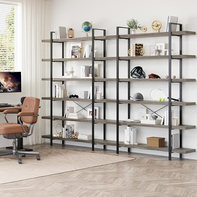 Bookcase, 47 Inch Wide Wood Bookshelf, 120lbs Shelf Capacity, Rustic Open Shelving Industrial Display with Reinforced Horizontal Shelves for Living Room Bedroom Office (6 Tier - Grey)