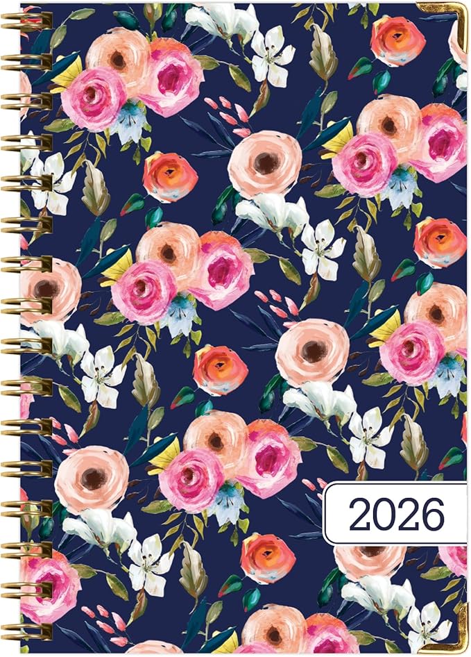 HARDCOVER 2026 Planner, 5.5"x8": 14 Months (November 2025 - December 2026), Daily Weekly Monthly Planner, Yearly Agenda, Bookmark, Pocket Folder and Sticky Note Set (Small Navy Floral)