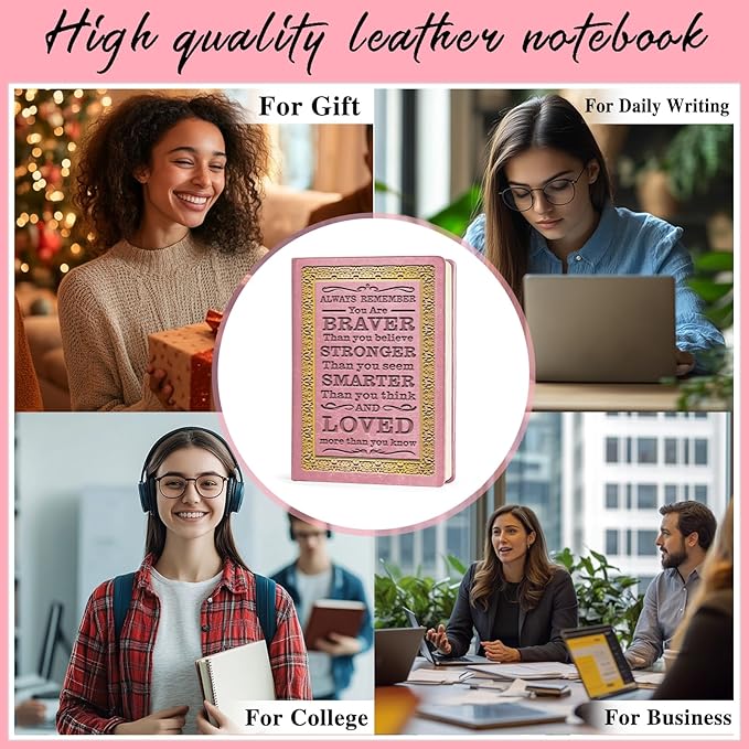 Pink A5 Lined Leather Journal Notebook,Inspirational Leather Journal Notebook for Men Women,200 Pages 100 Gsm Thick Ruled Paper Daily Diary for School,Travel,Business,Work (Pink)