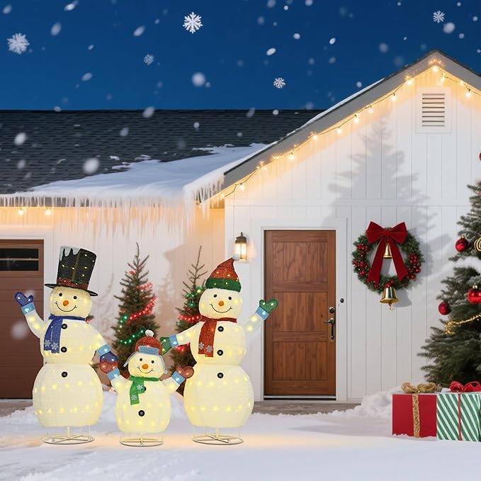 62"/60"/35" Large 3D Pop-Up Snowman Set, Lighted Snowman Family Outdoor Christmas Decor with 250 Warm White LEDs, Ground Stakes, Holiday Lawn Yard Garden Decorations, Set of 3