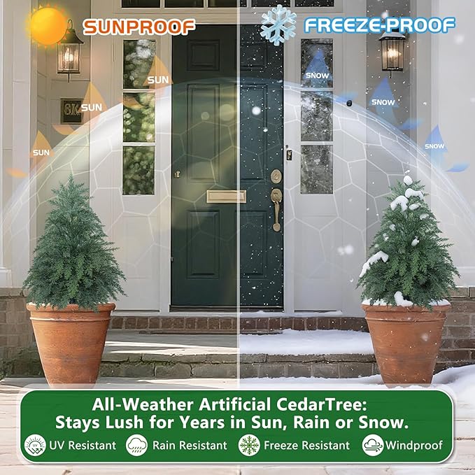 2FT Artificial Topiary Tree with Pot, 2 Pack Fake Evergreen Tree for Porch, Artificial Plants for Outdoor Christmas Home Garden Decor