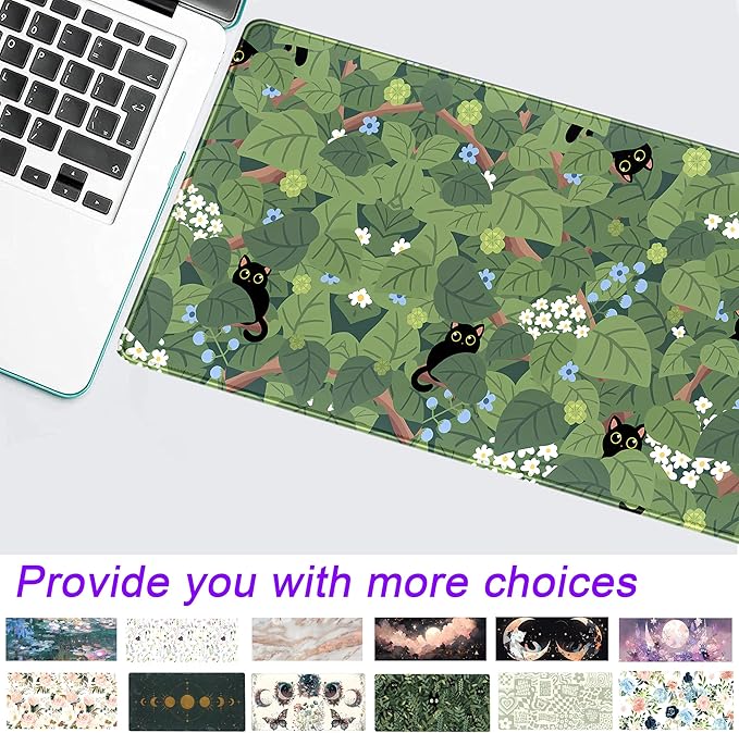 Green Mousepad Desk Mat Cute Anime Black Cat Kawaii Mouse Pad Gaming XL Large Extended Sage Leaves Desk Matt for Desktop, Computer Keyboard Mouse Mat for Women Office Decor Accessories 31.5x11.8 in