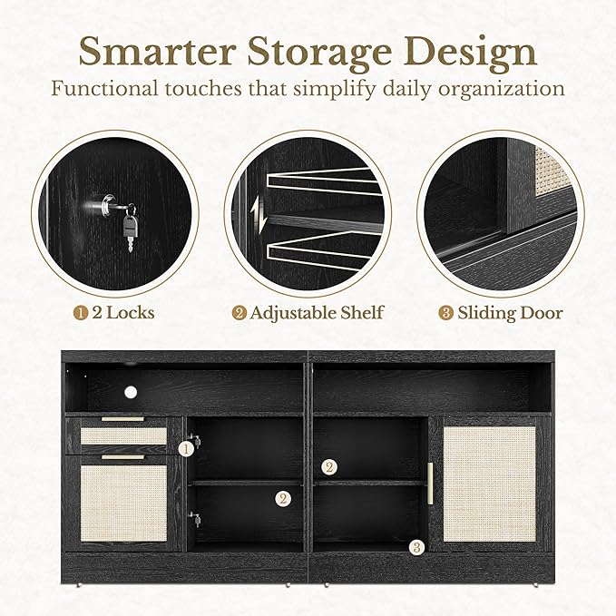 2 Drawer File Cabinet with Lock, 63'' Wood Lateral File Cabinet, Compatible Letter and A4 Size, Rattan Filing Cabinet for Home Office with AC/USB, Adjustable Storage Shelves, Black