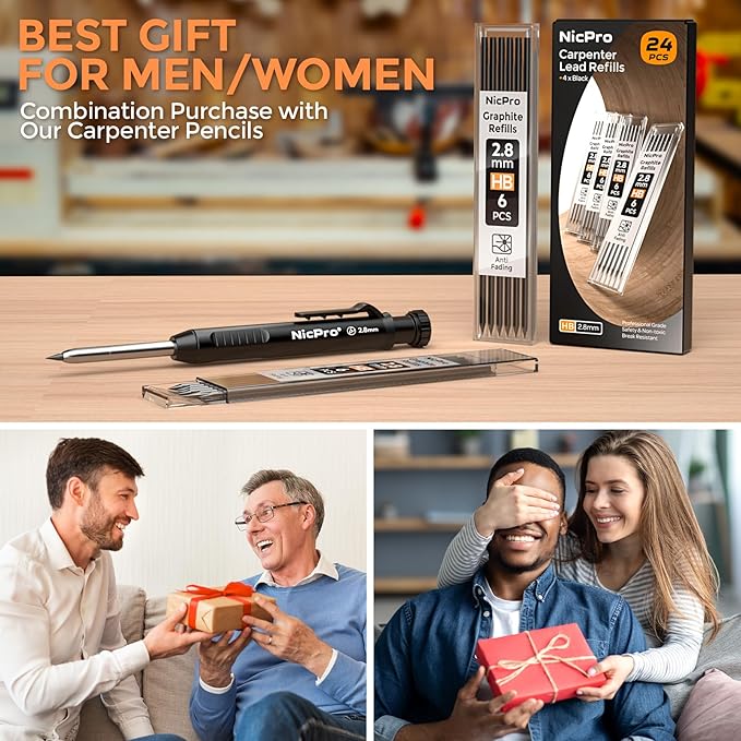 Nicpro 24 Pieces Carpenter Pencil Lead Refills 2.8mm, Break Resistant Leads for Construction and Woodworking Pencils (Black)