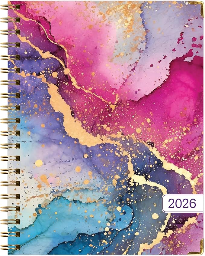 HARDCOVER 2026 Planner, 8.5"x11": 14 Months (November 2025 - December 2026), Daily Weekly Monthly Planner, Yearly Agenda, Bookmark, Pocket Folder and Sticky Note Set (Rainbow Gold Marble)