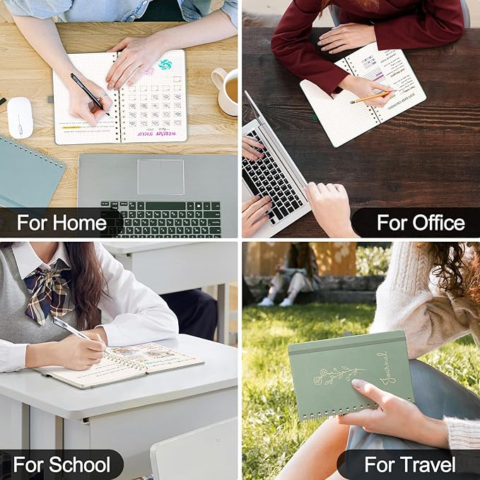 EMSHOI A4 Graph Grid Notebook - 110 Pages 100GSM Grid Paper, Vegan Leather Floral Cover with Spiral Binding for Engineering, Bullet Journaling, School & Work - Includes Ruler, Pockets -Light Green