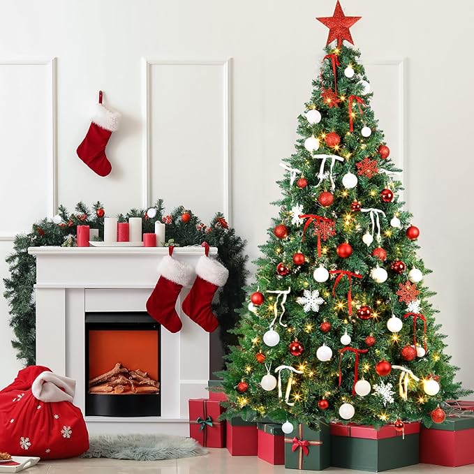 86Pcs Led Light Red and White Christmas Tree Decorations Set 100 Led Light Christmas Star Trees Topper with String Lights Xmas Balls Snowflakes Ornaments Bows Xmas Trees Decor 20m Light String