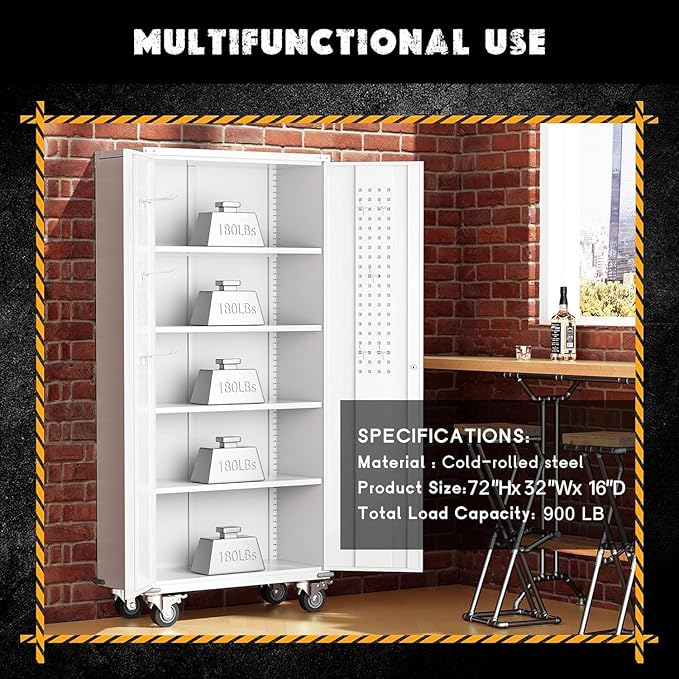 INTERGREAT Metal Garage Storage Cabinet, Lockable Rolling Tool Cabinets with Pegboard and Shelves, 72" Tall Heavy-Duty File Cabinet with Wheels for Garage, Basement, Warehouse, White