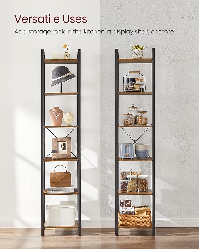 VASAGLE 6-Tier Bookshelf, Bookcase with Steel Frame, Book Shelf for Living Room, Home Office, Study, 11.8 x 15.7 x 73.2 Inches, Industrial Style, Rustic Brown and Ink Black ULLS101B01