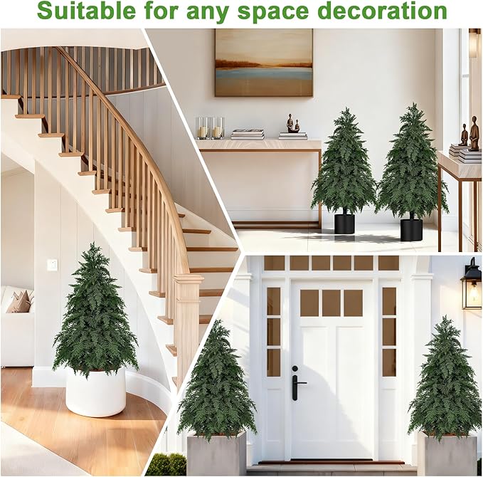 2Pack Artificial Topiary Trees, 3FT Faux Cypress, Faux Evergreen Pine Shrubs Plants with Pot, Potted Plants for Front Porch Indoor Outdoor Garden Christmas Decor