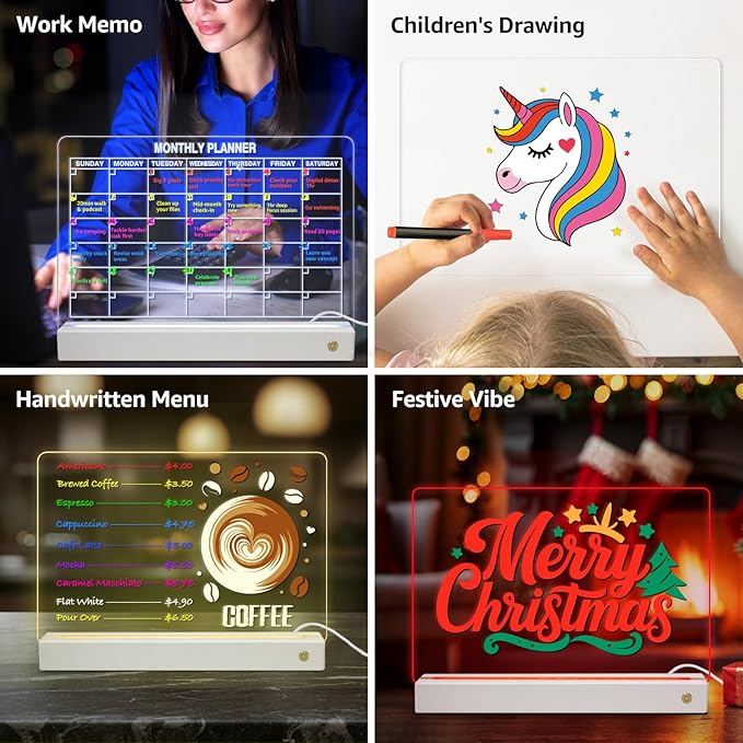 LED Note Board with 8 Colors,Acrylic Dry Erase Board with Light, Clear Monthly/Weekly Calendar, Led Drawing Board for Kids with Stand, 8 Markers, Adapter, Soft Cloth, Holiday Trend Gift (White)
