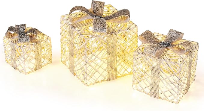 Tangkula Set of 3 Lighted Box, Pre-Lit Festive Boxes w/ 50 LED Lights, Detachable Bows & Sparkling Crystals, Indoor Outdoor Rope-Woven Present Boxes for Yard, Home
