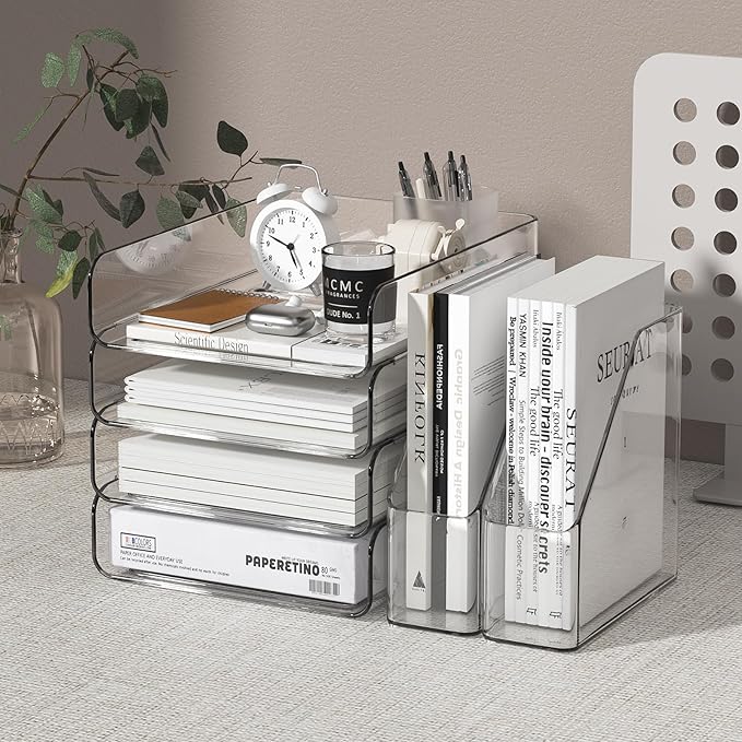 4-Tier Brown Acrylic Paper Tray Organizer for Desk + 2 Bookends – Stackable Letter Tray, Acrylic Desk Accessories/File Organizer, Office Paper Organizer