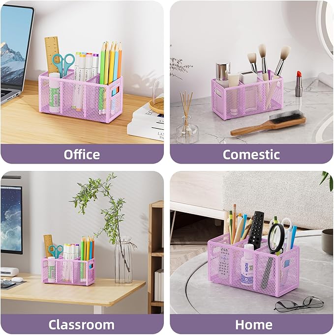 Marbrasse Mesh Pen Holder for Desk,Pencil Holder Desk Organizer 3 Adjustable Compartments,Pencil Cup with Handle Perfect for Classroom, Office, Home,Makeup,Art (Purple)
