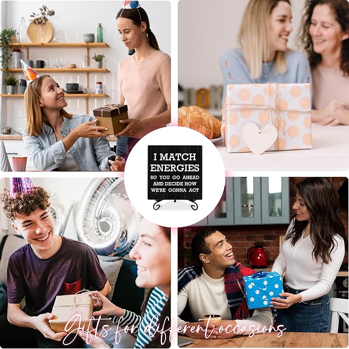 Office Positive Wooden Sign Gift With Metal Stand - I Match Energy - Inspirational Wood Plaque, Gift For Women & Men, Home & Office Desk Decor & Accessories(5 X 5 Inches) - A11