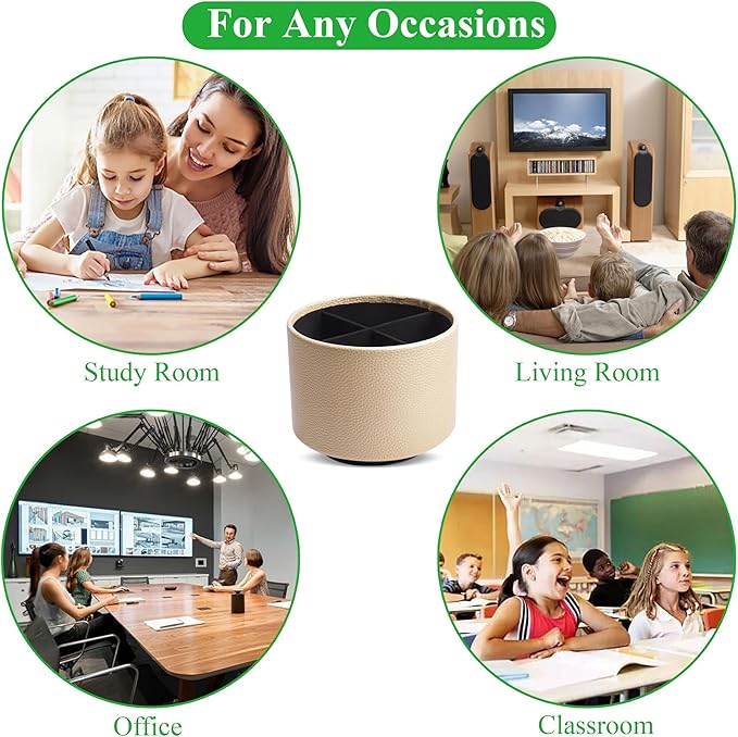 Hennaja Round Leather Art Supply Organizer,Remote Control Holder,360 Degree Spinning,Multi-Functional Pencil Holder,4 Compartments Desktop Stationary Organizer(1-Lichee Gold)