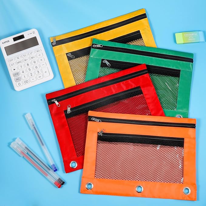 12PCS Pencil Pouches for 3 Ring Binder, 10"x7.5" Zippered Binder Pouch, Double Layer Clear PVC & Mesh Pencil Bags, 12 Colors (2 Each) for School, Office, Travel & Home Organization