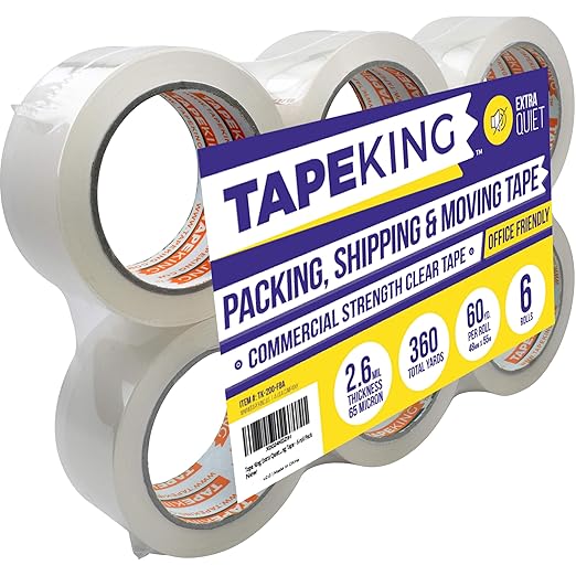 Tape King Queit Clear Packing Tape | 60 Yards Per Roll (6 Rolls) | Heavy Duty Packing Tape 2.6mil Strong Adhesive for Moving Boxes, Shipping Cartons, Office Use, Storage & Wrapping (360 Yards)