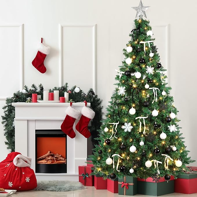 86Pcs Led Light Black and White Christmas Tree Decorations Set 100 Led Light Christmas Star Trees Topper with String Lights Xmas Balls Snowflakes Ornaments Bows Xmas Trees Decor 20m Light String