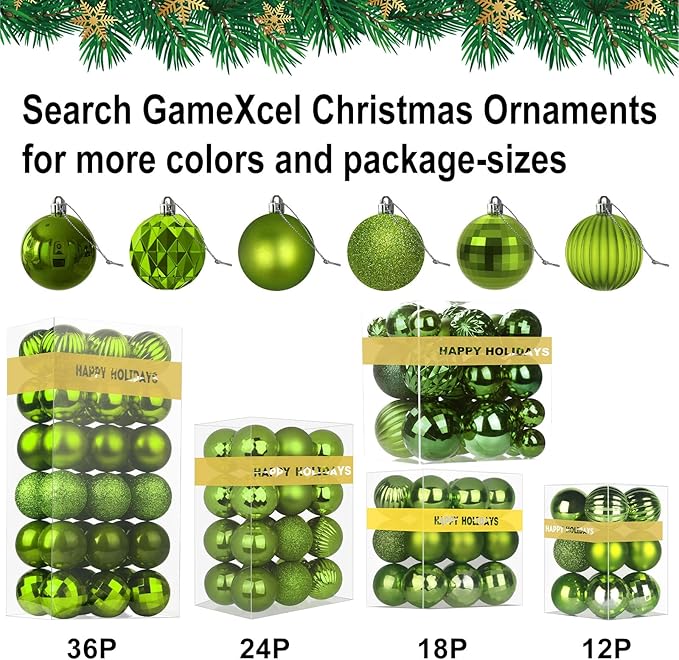 Lime Green Christmas Ornaments - Christmas Tree Decorations Shatterproof Hanging Balls for Birthday Wedding Holiday Decor Set of 36pcs, Multi-Sizes(1.6",2.5",3.2")
