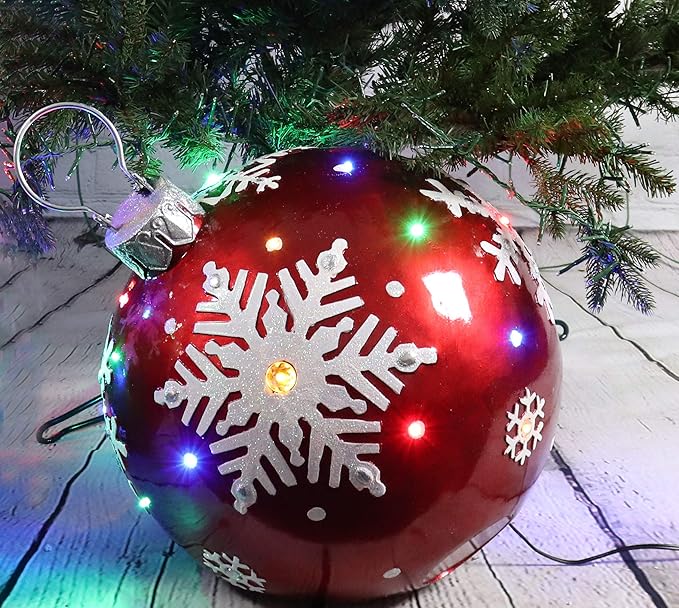 Fraser Hill Farm FFRS018-ORN1-RD Indoor/Outdoor Oversized Jeweled Ball Ornament w/Long-Lasting LED Lights, Red Holiday Decoration, 18"