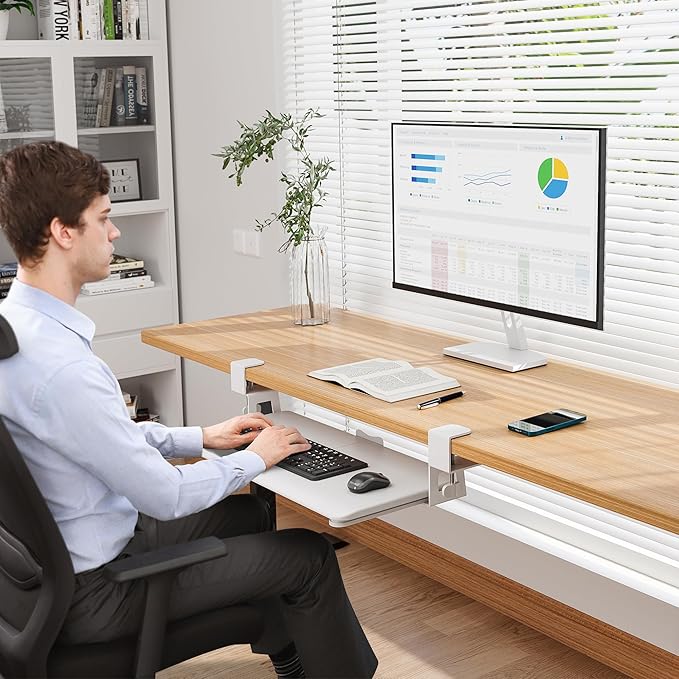 BONTEC KMT01 Under Desk Keyboard Tray, Pull-Out Keyboard & Mouse Platform with C-Clamp, 25.6 x 11.8 in Space-Saving Ergonomic Slide-Out Drawer, White