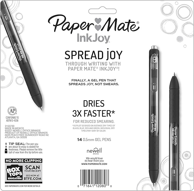 Paper Mate InkJoy Pens, Gel Pens, Fine Point (0.5 mm), Assorted, 14 Count - Back to School, Teacher Supplies, Writing, Journaling