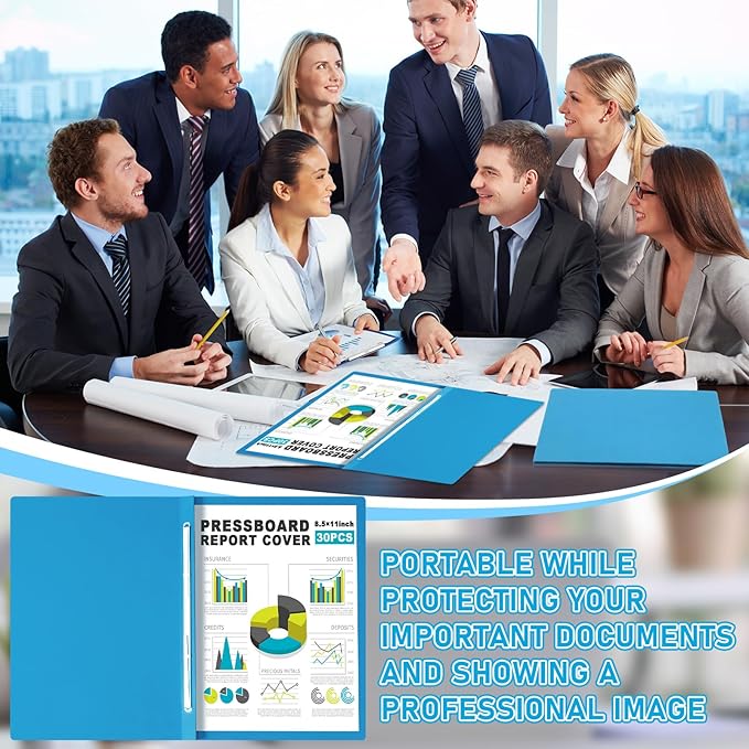 30 Pcs 8.5'' x 11'' Pressboard Report Cover, 3'' Capacity Metal Prong Fastener with Compressor, Letter Size, Presentation Folder to Neatly Bind Report, Proposal Document (Blue)