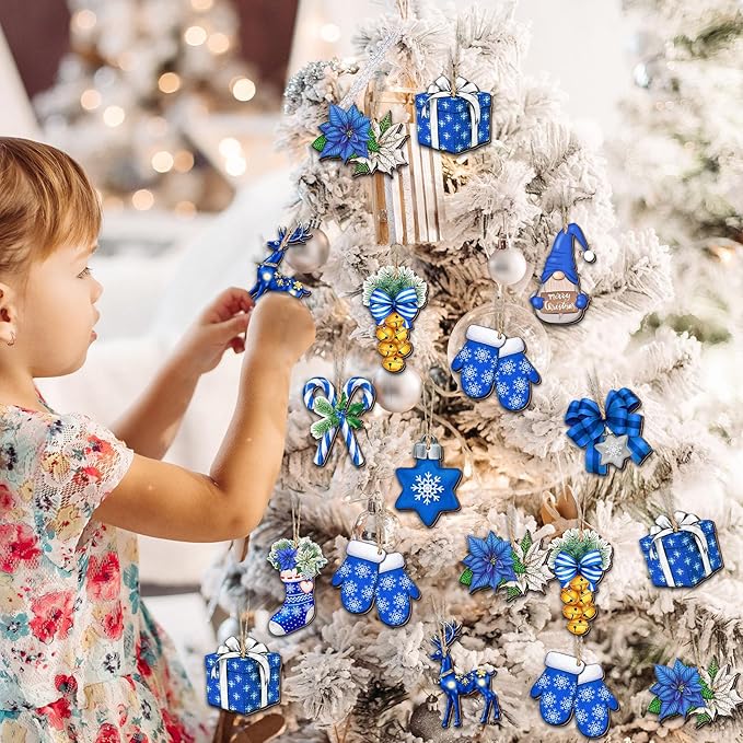 Huwena 36 Pcs Blue Christmas Wooden Ornaments Blue Christmas Decorations for Tree Snowman Gnomes Poinsettia Flowers Truck Wreath Wood Cutouts Tags with Ropes Winter Decor for Xmas Tree Gifts