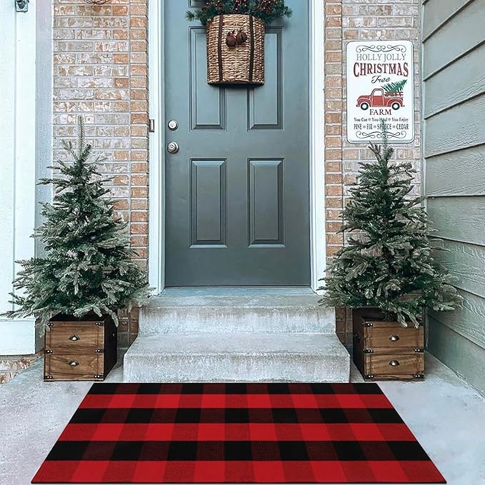 KIMODE Buffalo Plaid Outdoor Rug Red and Black 24"X51",Washable Christmas Front Door Mat,Reversible Cotton Hand-Woven Layering Rug for Front Porch Christmas Decor,Entryway,Kitchen