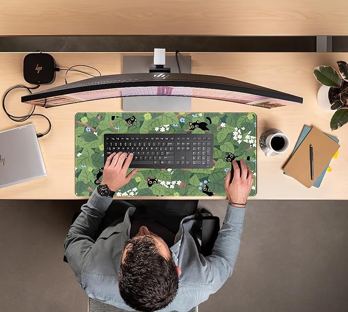 Kawaii Anime Aesthetic Black Cat Forest Plant Desk Mat, Green Sage XXL Large Extended Mouse Pad Gaming Cute Cats Desk pad, Laptop Keyboard and Mouse Mat for Women Desktop Office Decor 31.5x15.7 in