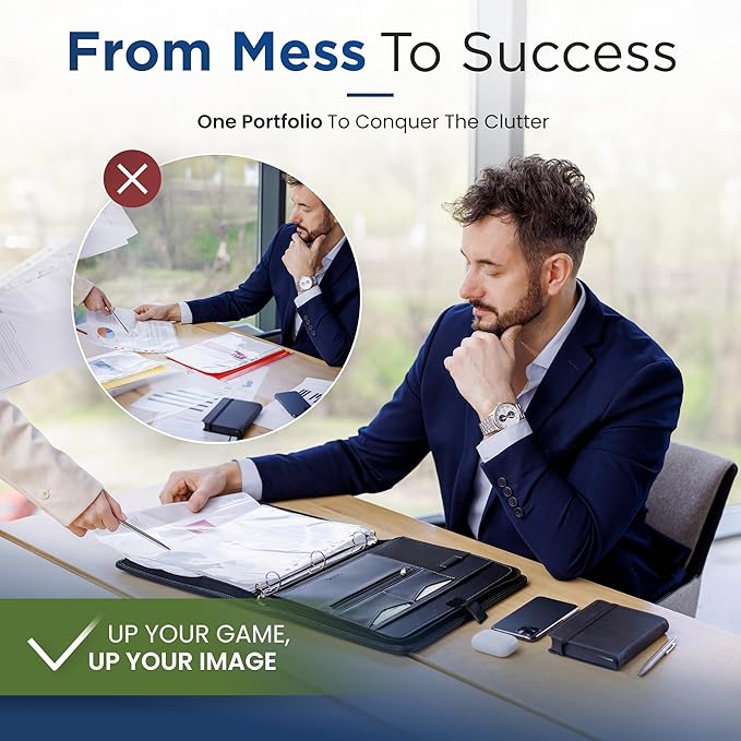 STYLIO Zipper Portfolio with Carrying Handle | Removable 1" 3-Ring Binder w/Clipboard Padfolio | Organizer for Documents, iPad, Tablet, Phone, Notebook | Business Leather Binder for Men Women